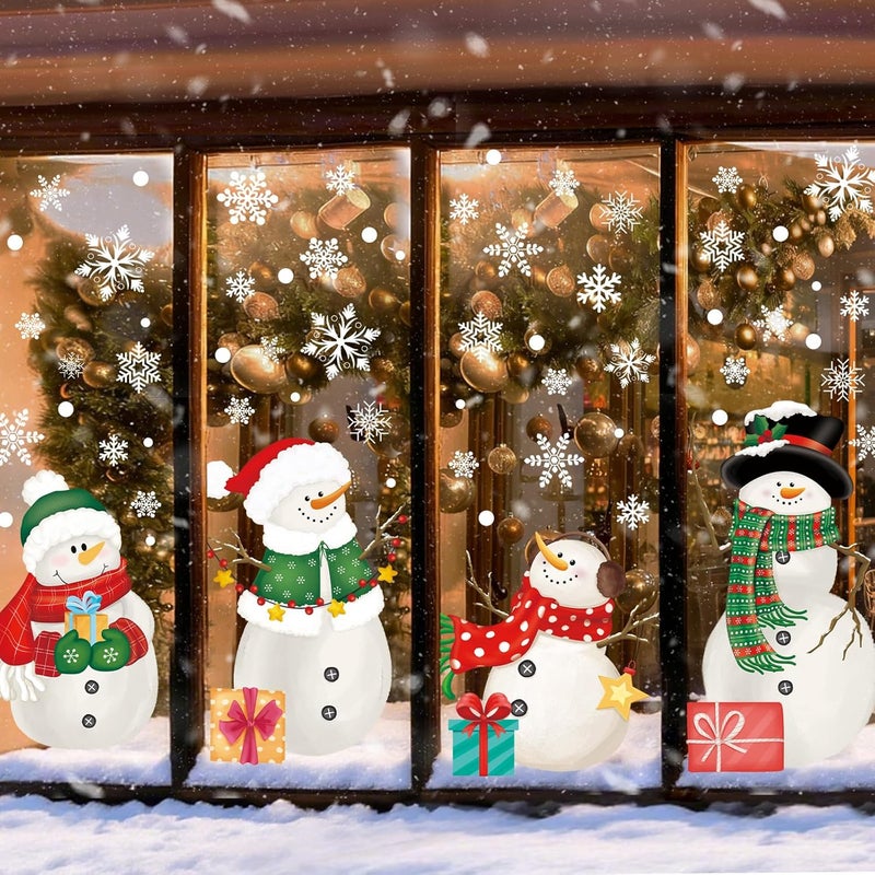 Pseutio 128 PCS Large Christmas Window Clings Snowman Snowflake Stcikers for Christmas Window Decorations - Image 1
